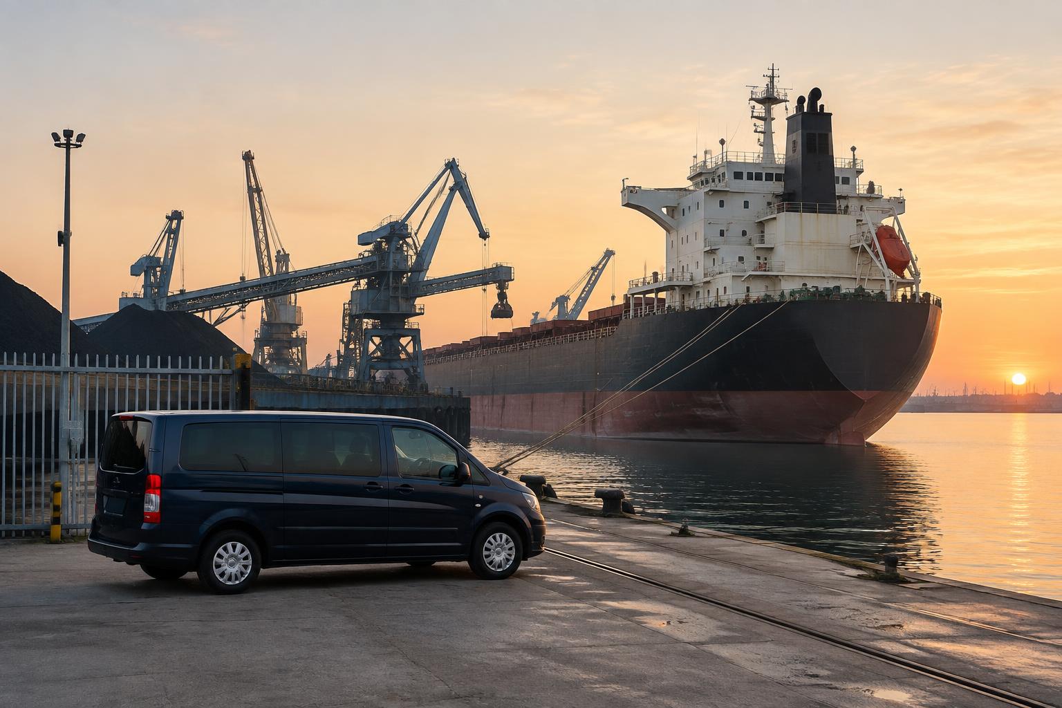 Bulk carrier at a Newcastle harbour berth with a passenger van nearby