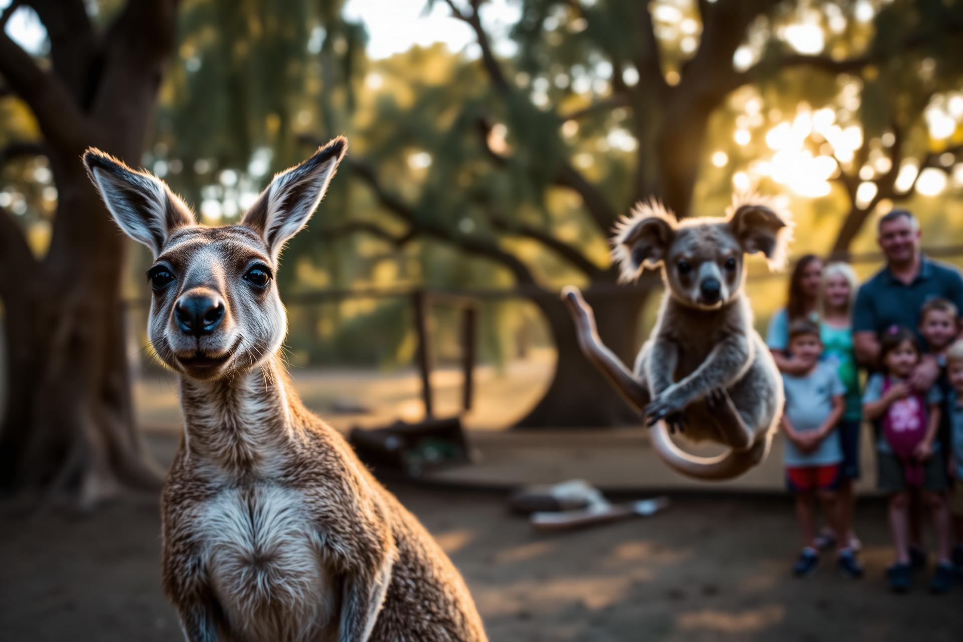 Kangaroo and koala at an Australian wildlife park in warm afternoon light